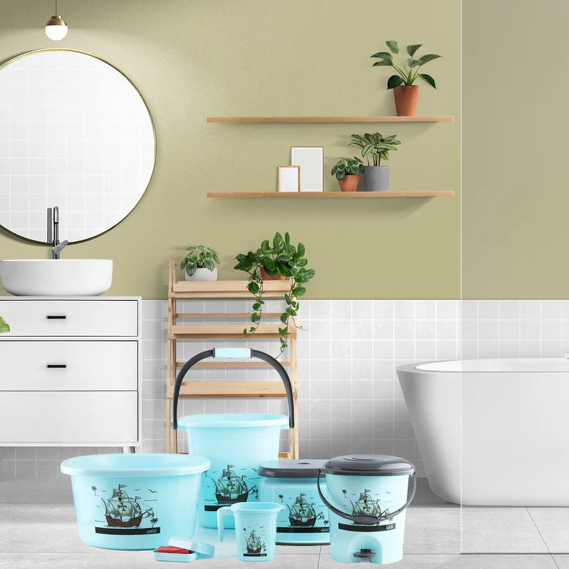 6-Piece Plastic Bathroom Set – Bucket, Dustbin, Stool, Mug & Soap Case