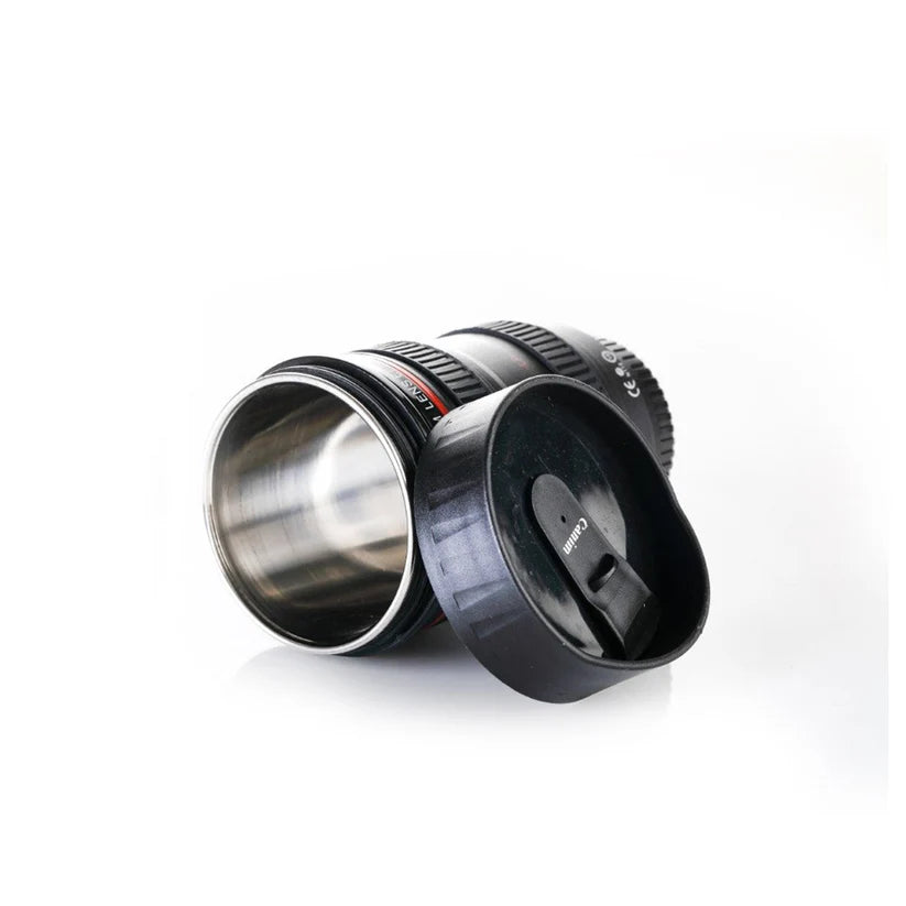 Coffee Mug Flask in Camera Lens Shape with Lid – Portable & Stylish
