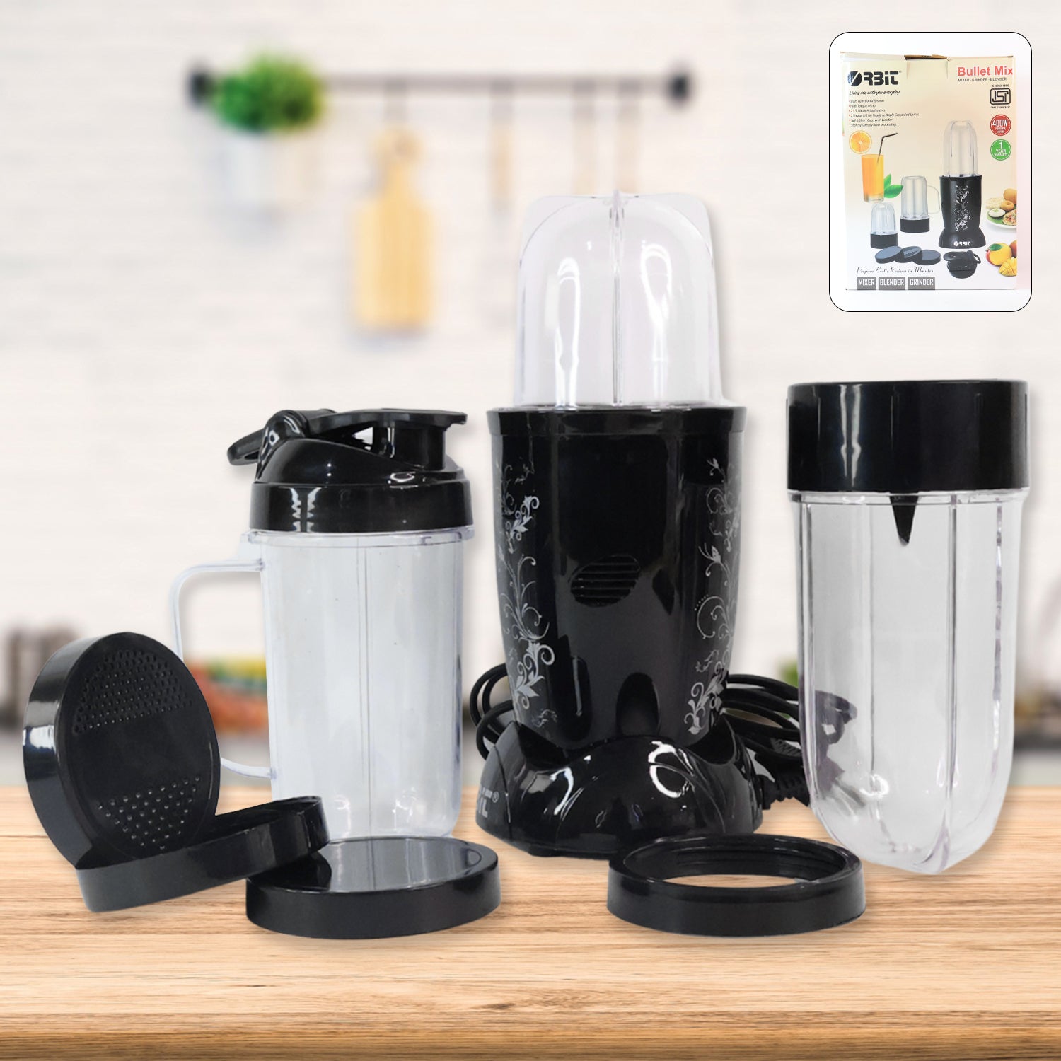 Orbit Bullet Mixer Grinder – 400W with 3 Jars for Quick Blending