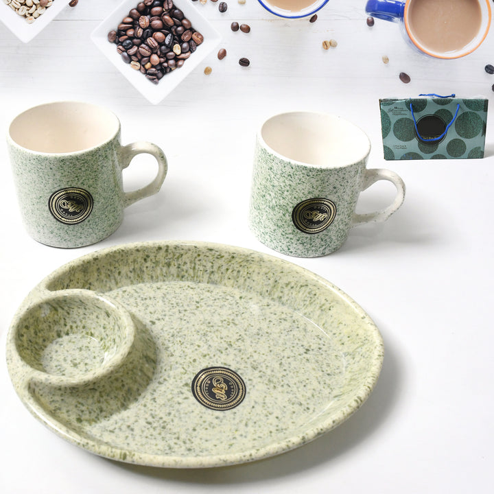 Alpino Ceramic Tea Cup Set with 2-Compartment Platter – 3 Pcs Gift Set