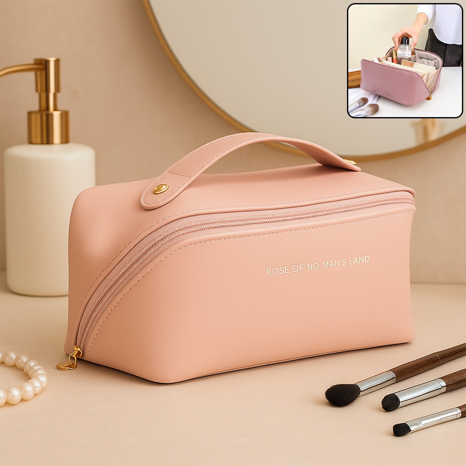 Premium Peach Travel Makeup Toiletry Organizer Pouch with Zipper Handle