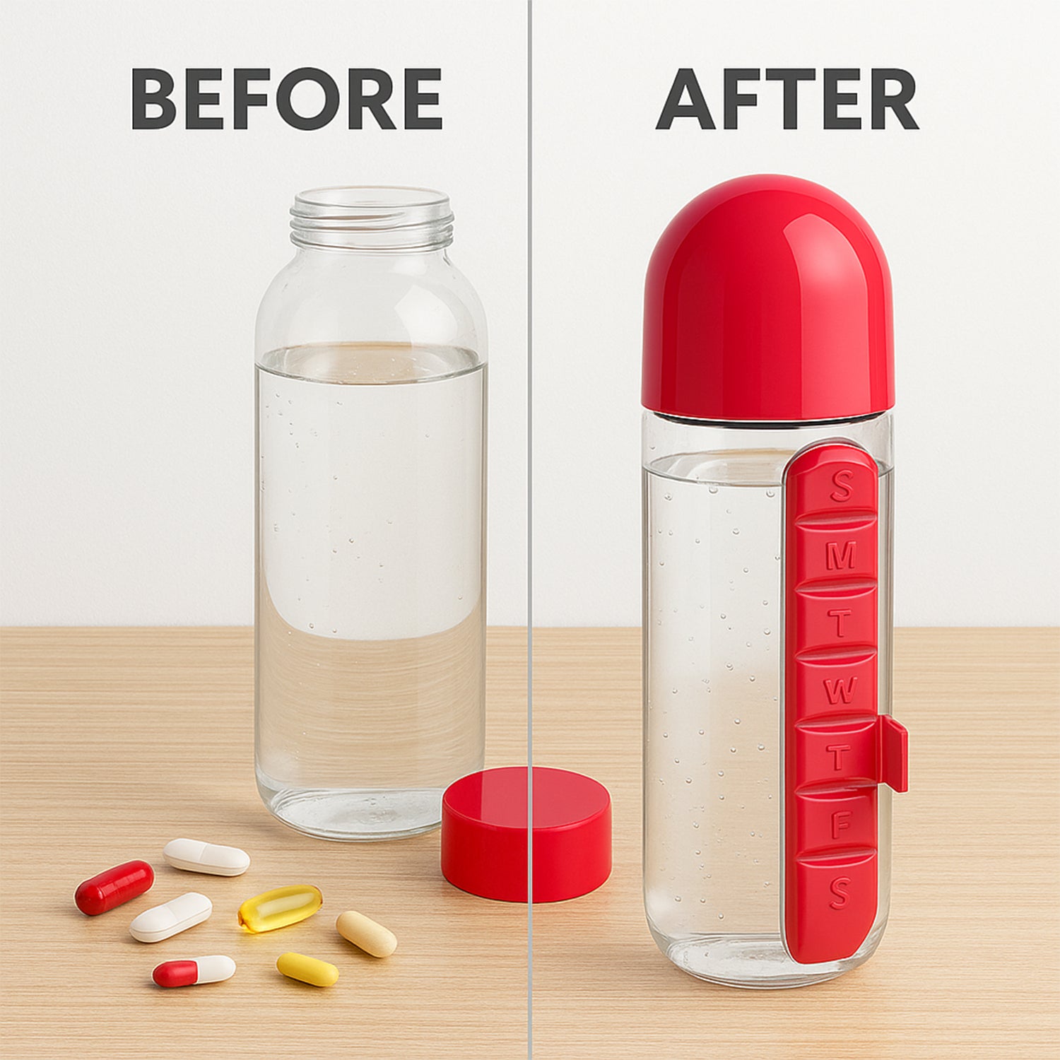 Water Bottle with 7-Day Pill Organizer – 900ml (1 Pc)