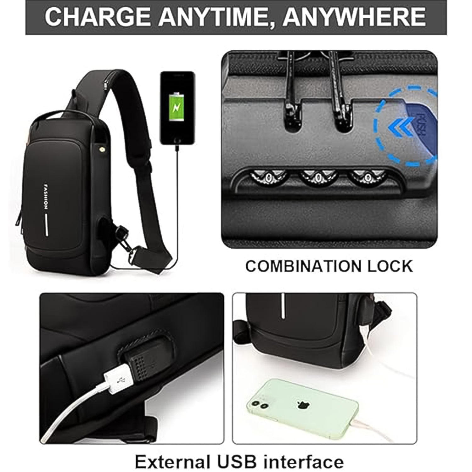 Anti-Theft Crossbody Sling Bag with USB Charging Port - Trendy & Safe
