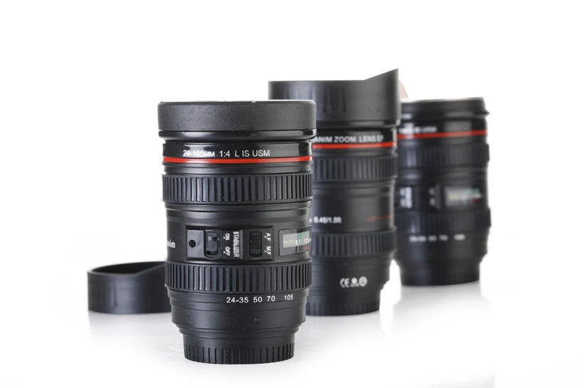 Coffee Mug Flask in Camera Lens Shape with Lid – Portable & Stylish
