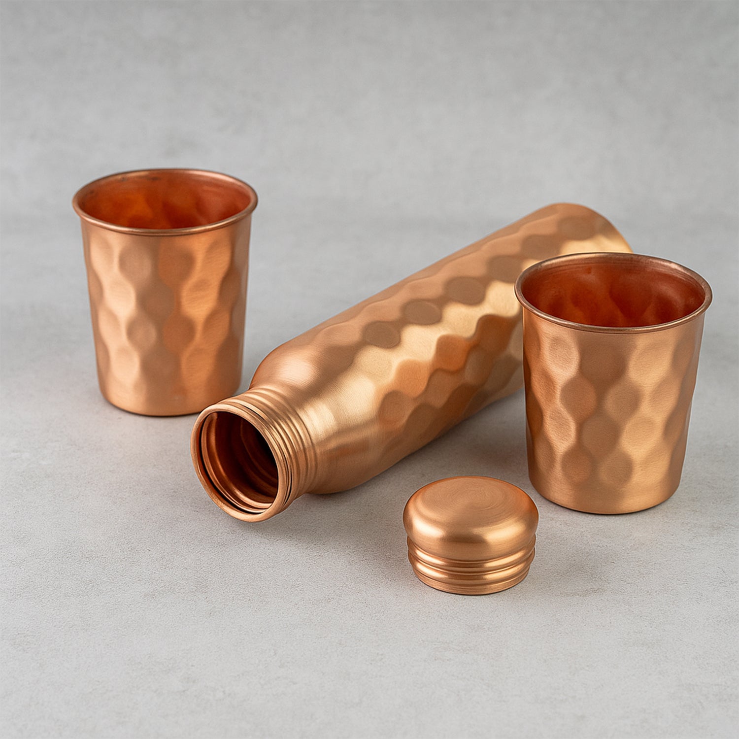 Diamond Cut Copper Water Bottle Set with 2 Glasses & Gift Box (3 pcs)