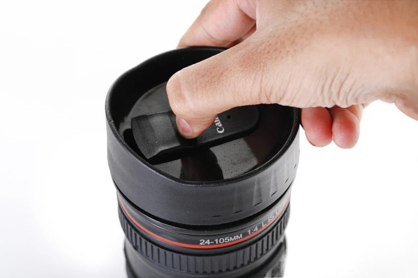 Coffee Mug Flask in Camera Lens Shape with Lid – Portable & Stylish