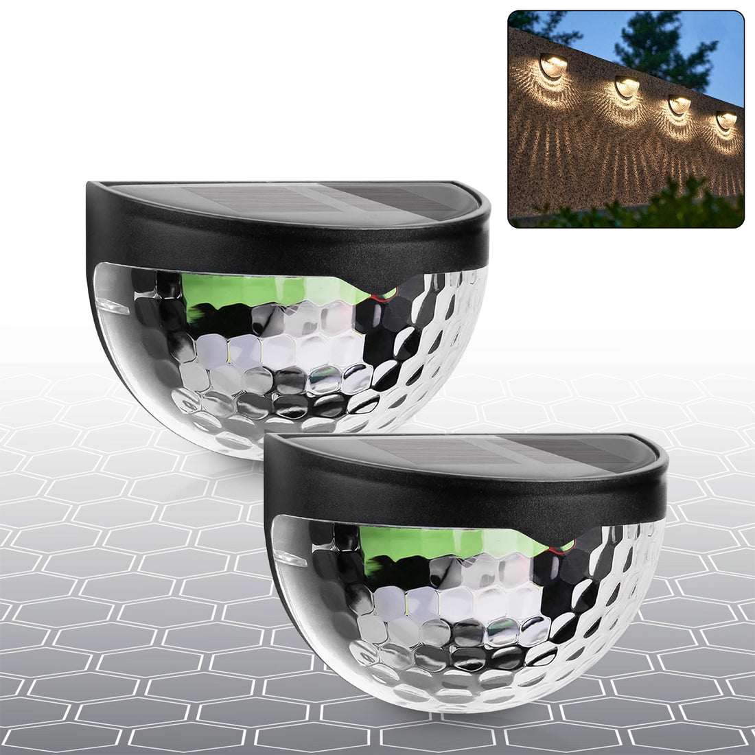 6 LED Solar Wall Mount Fence Lights with Honeycomb Shade Design – 2-Piece Set