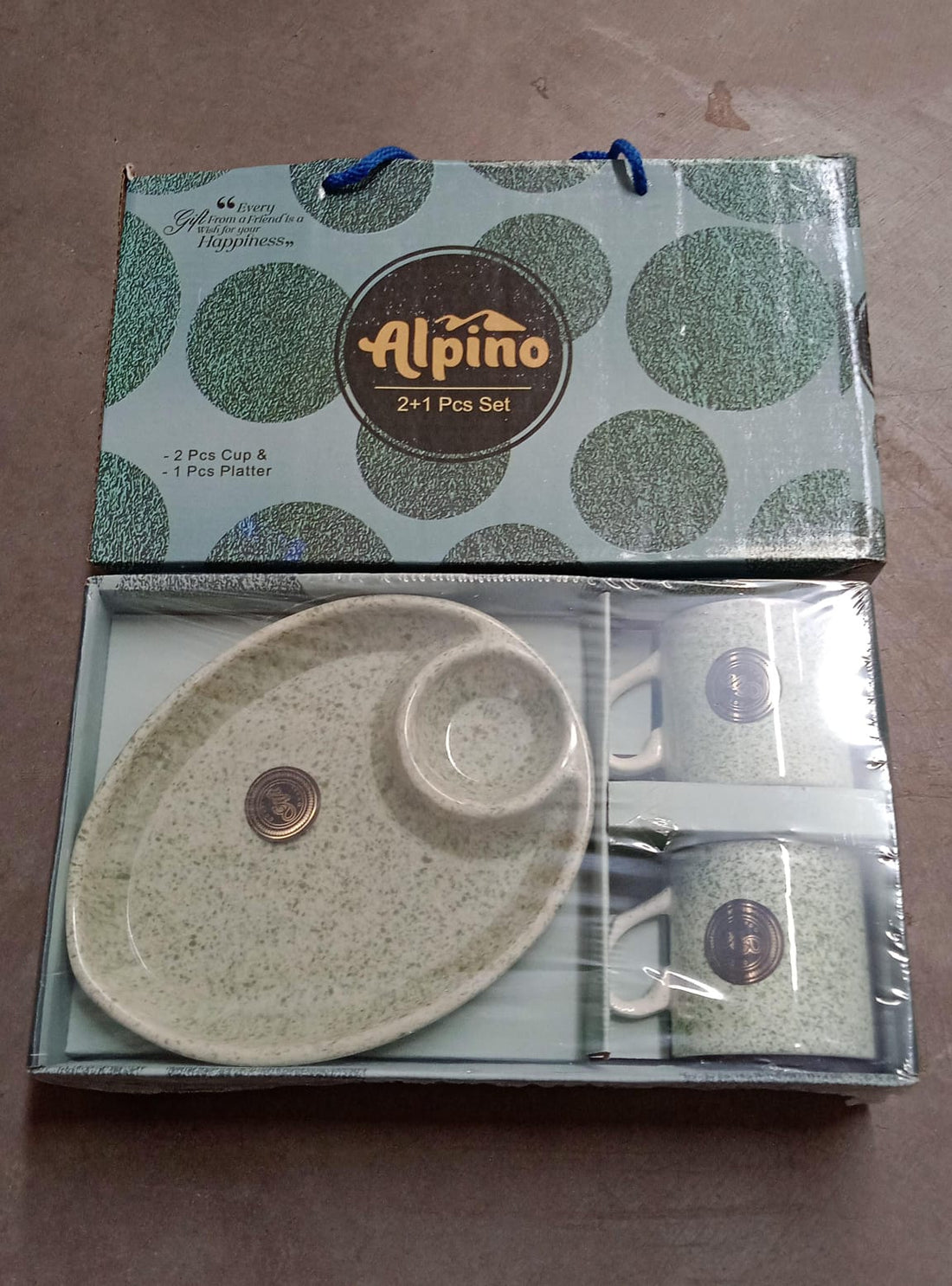 Alpino Ceramic Tea Cup Set with 2-Compartment Platter – 3 Pcs Gift Set