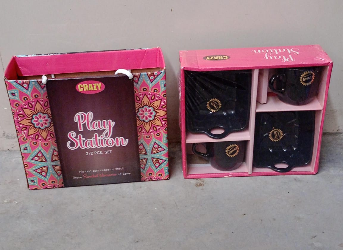 Play Station Ceramic Tea & Coffee Mug Set with Handle & Bowl – 4 Pcs