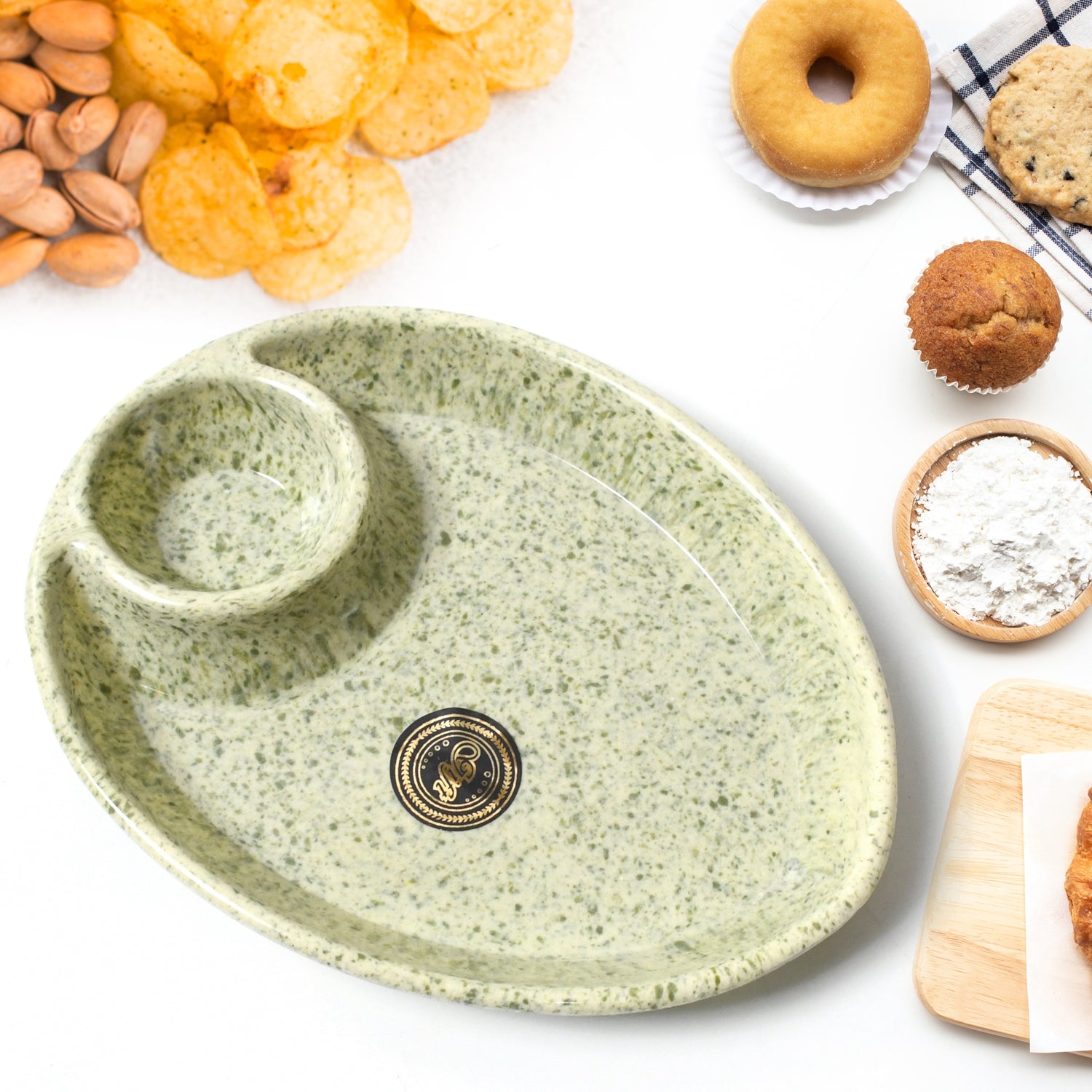 Alpino Ceramic Tea Cup Set with 2-Compartment Platter – 3 Pcs Gift Set