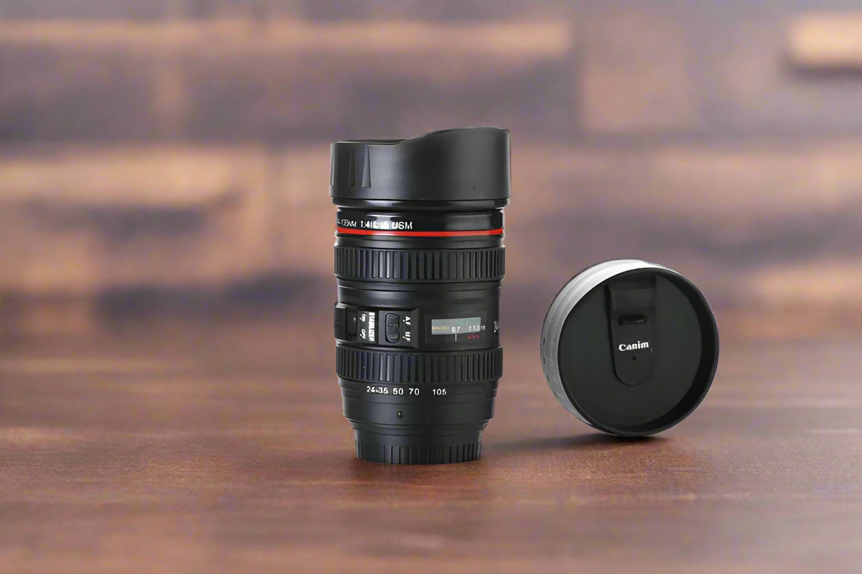 Coffee Mug Flask in Camera Lens Shape with Lid – Portable & Stylish