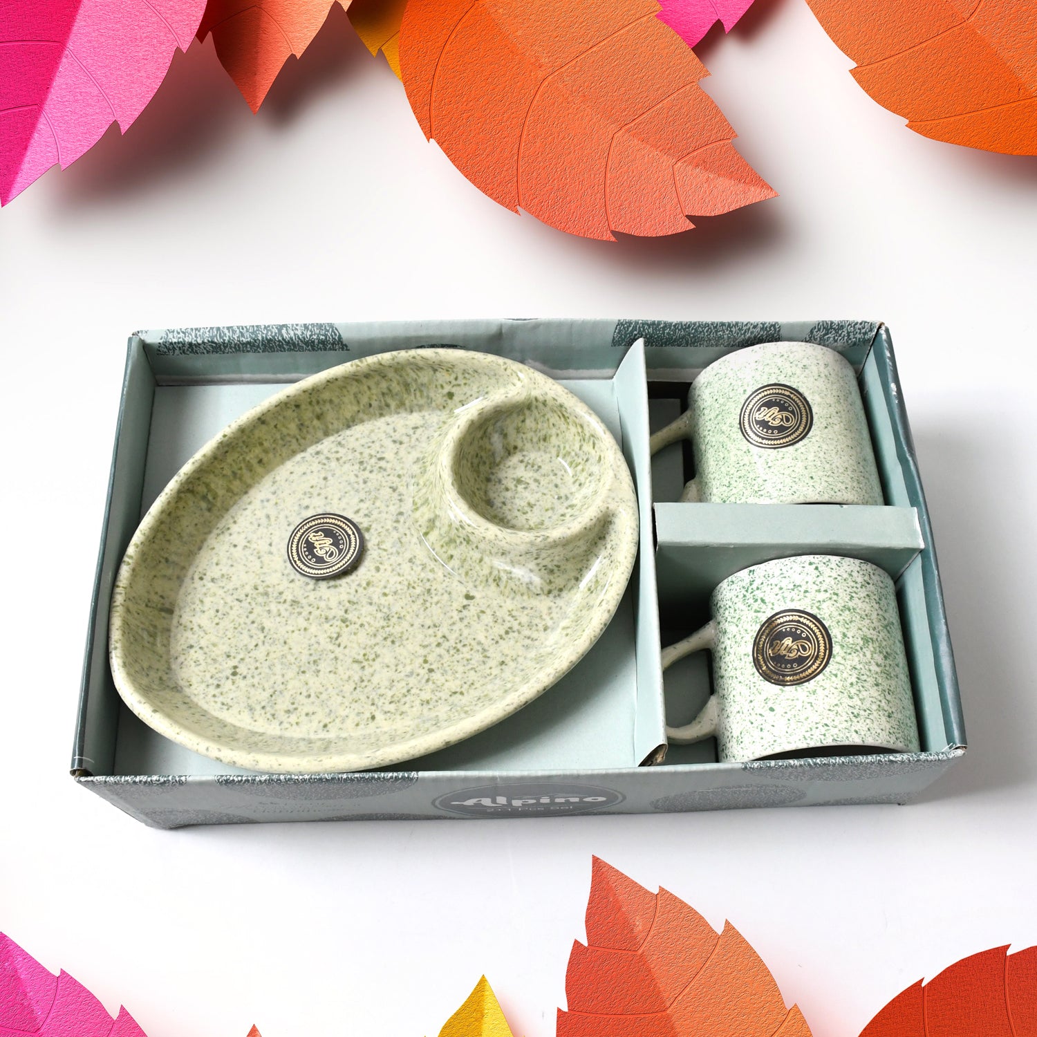 Alpino Ceramic Tea Cup Set with 2-Compartment Platter – 3 Pcs Gift Set