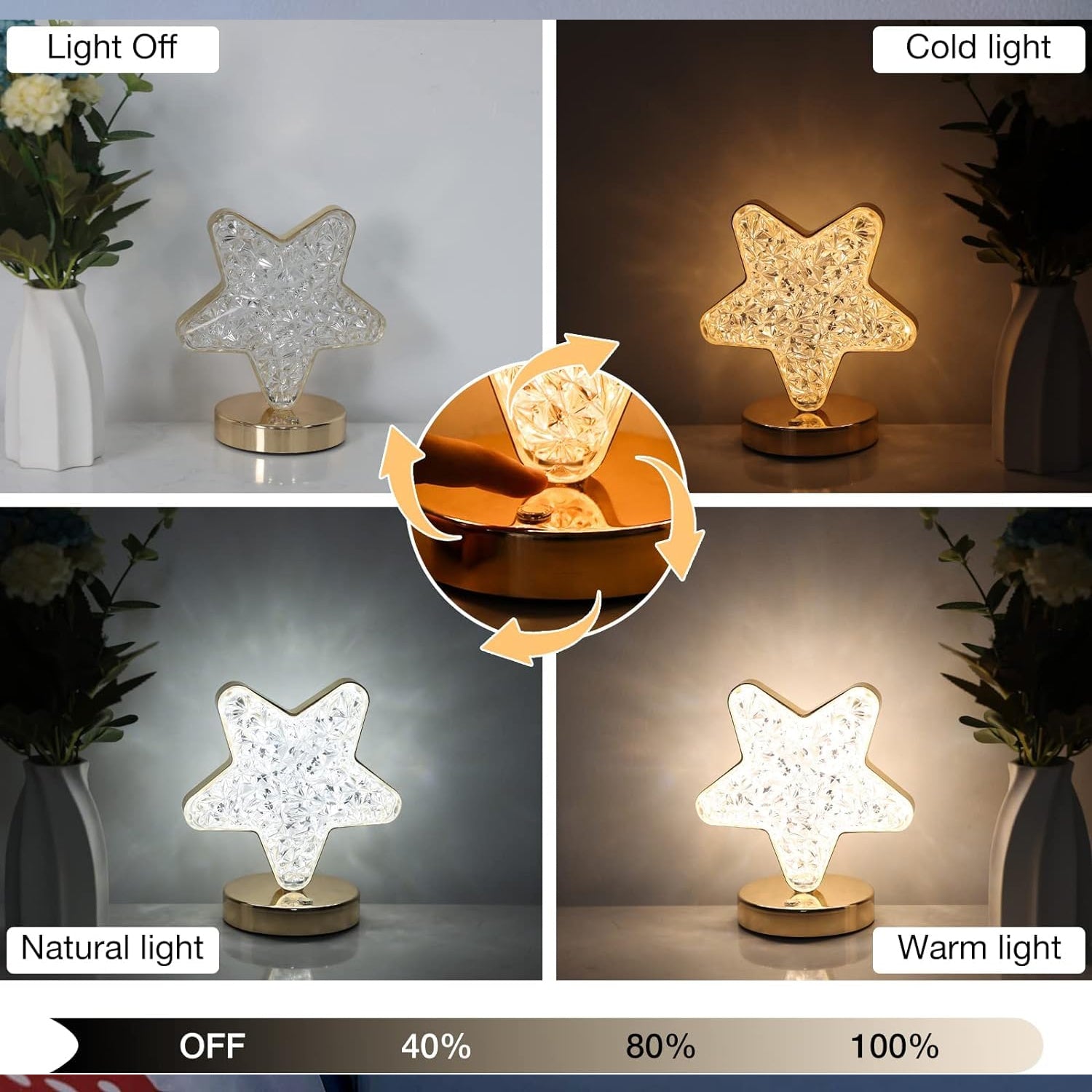 Star-Shaped Crystal Lamp - USB Rechargeable, 3-Way Dimmable, Touch Control
