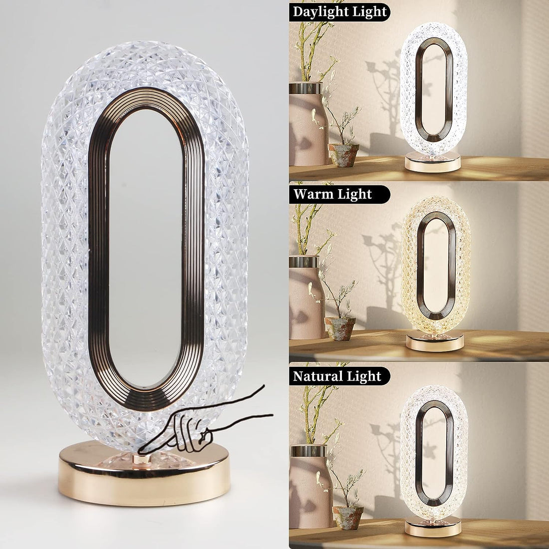 Touch Control Crystal Table Lamp – 3-Way Dimmable USB Rechargeable Light