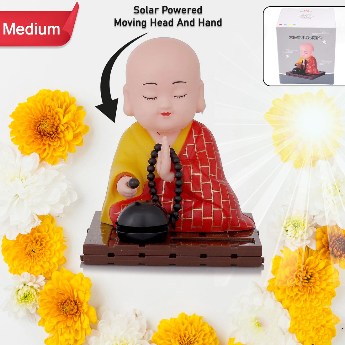 Solar Buddha Statue – Moving Head & Hand for Home & Car Decor