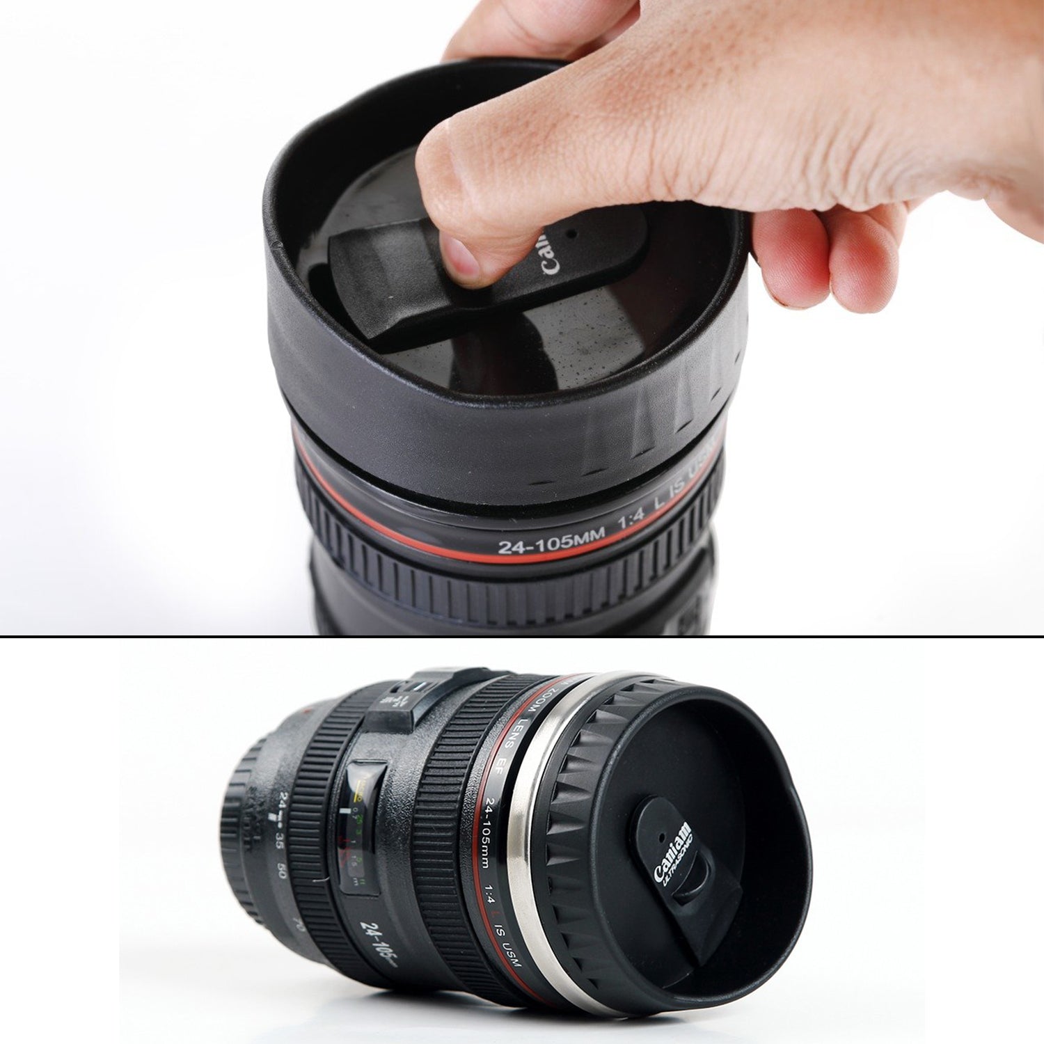 Stainless Steel Coffee Mug with Plastic Camera Lens Design