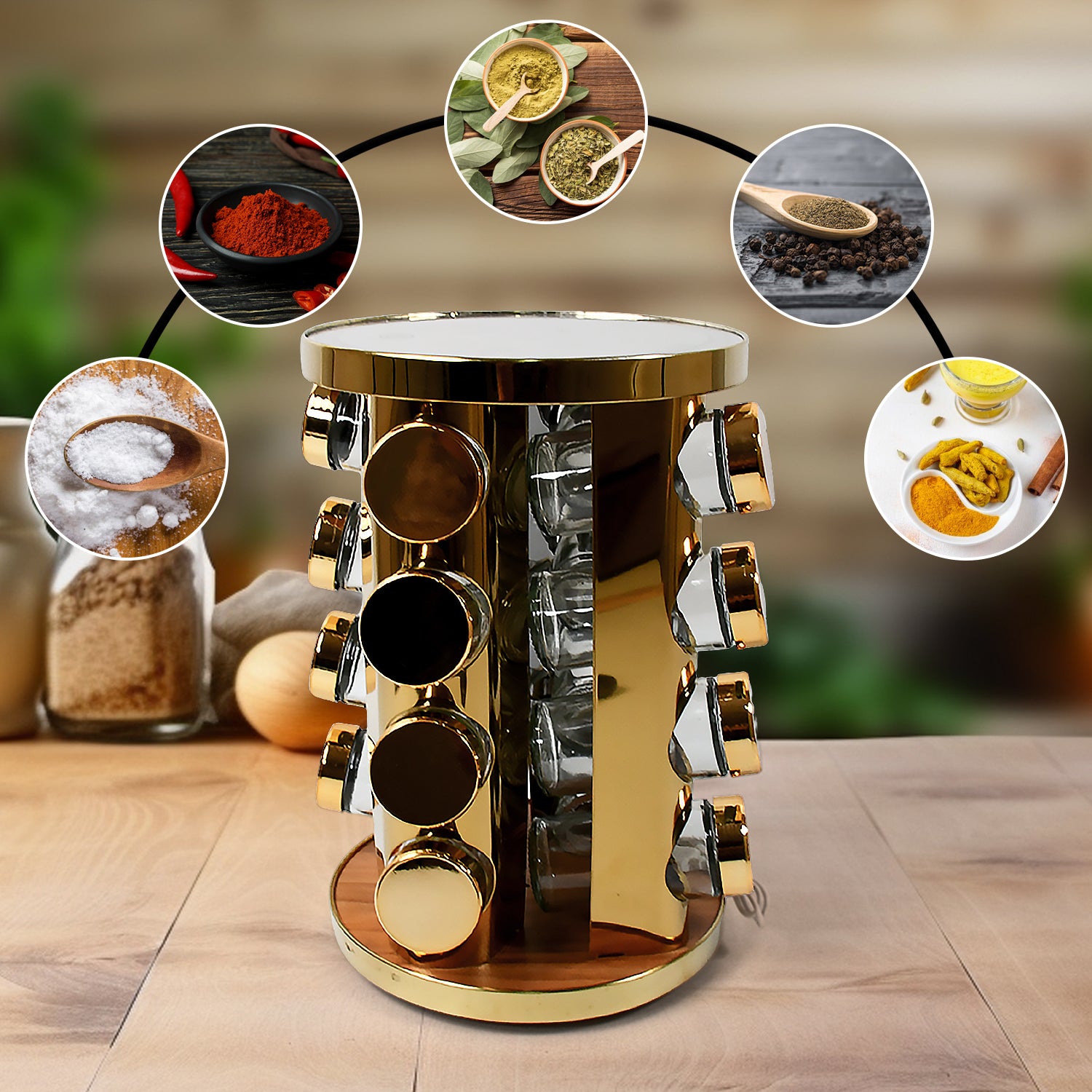 LED Rotating Spice Rack Organizer with 16 Jars – Golden Kitchen Set