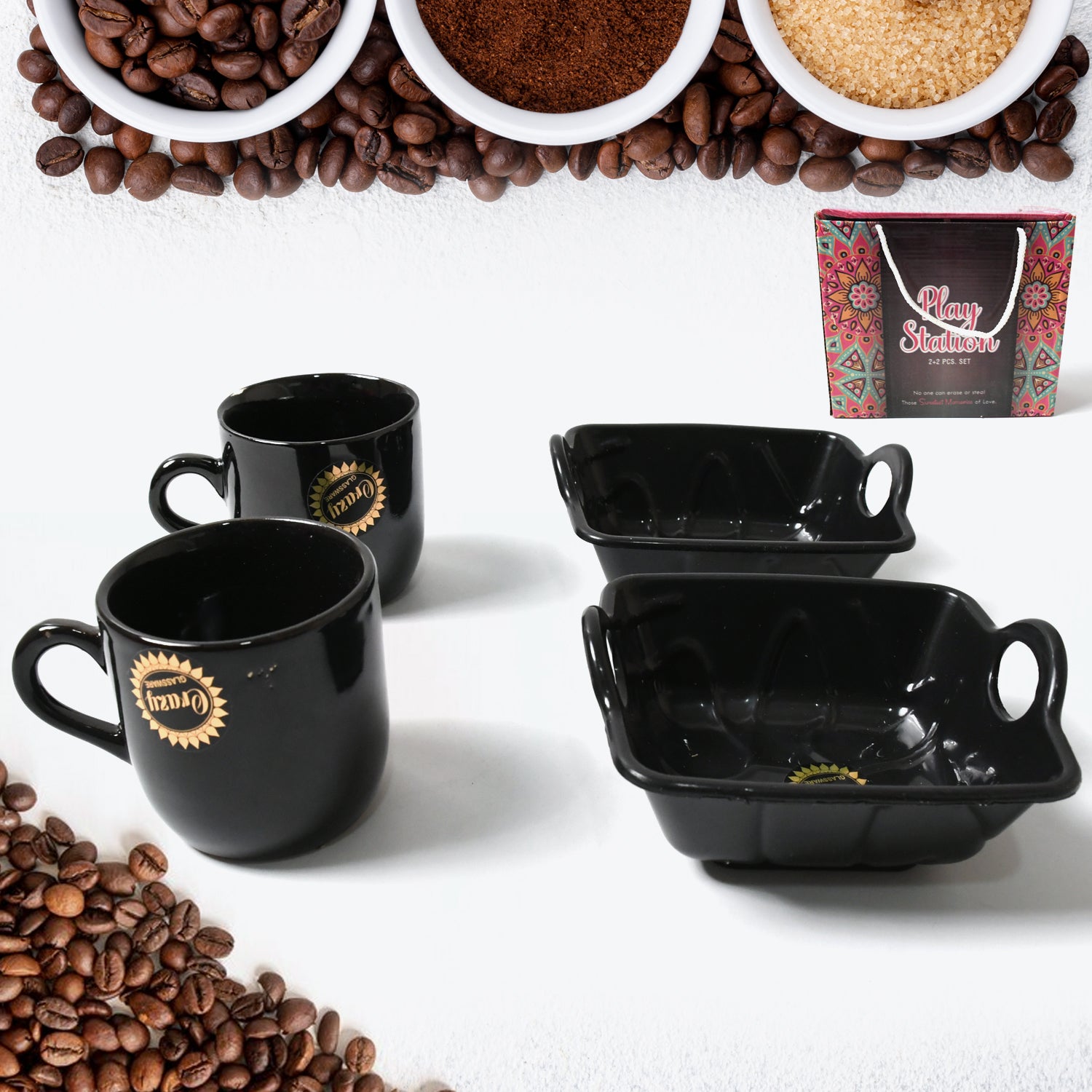 Play Station Ceramic Tea & Coffee Mug Set with Handle & Bowl – 4 Pcs