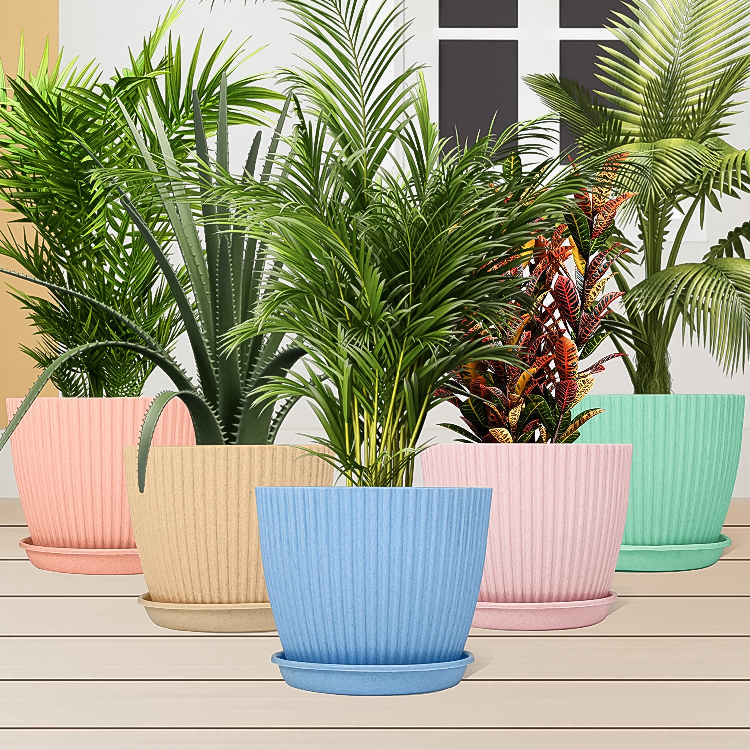 Plastic Flower Pot Set with Bottom Tray – 5 Pieces