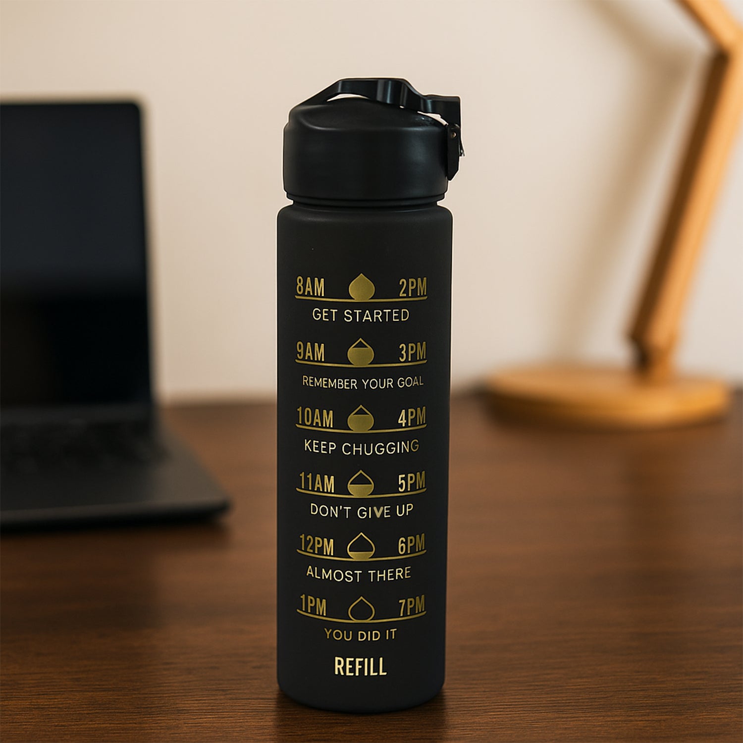 2 Pc Premium Black Motivational Water Bottle Set 900ml and 300ml