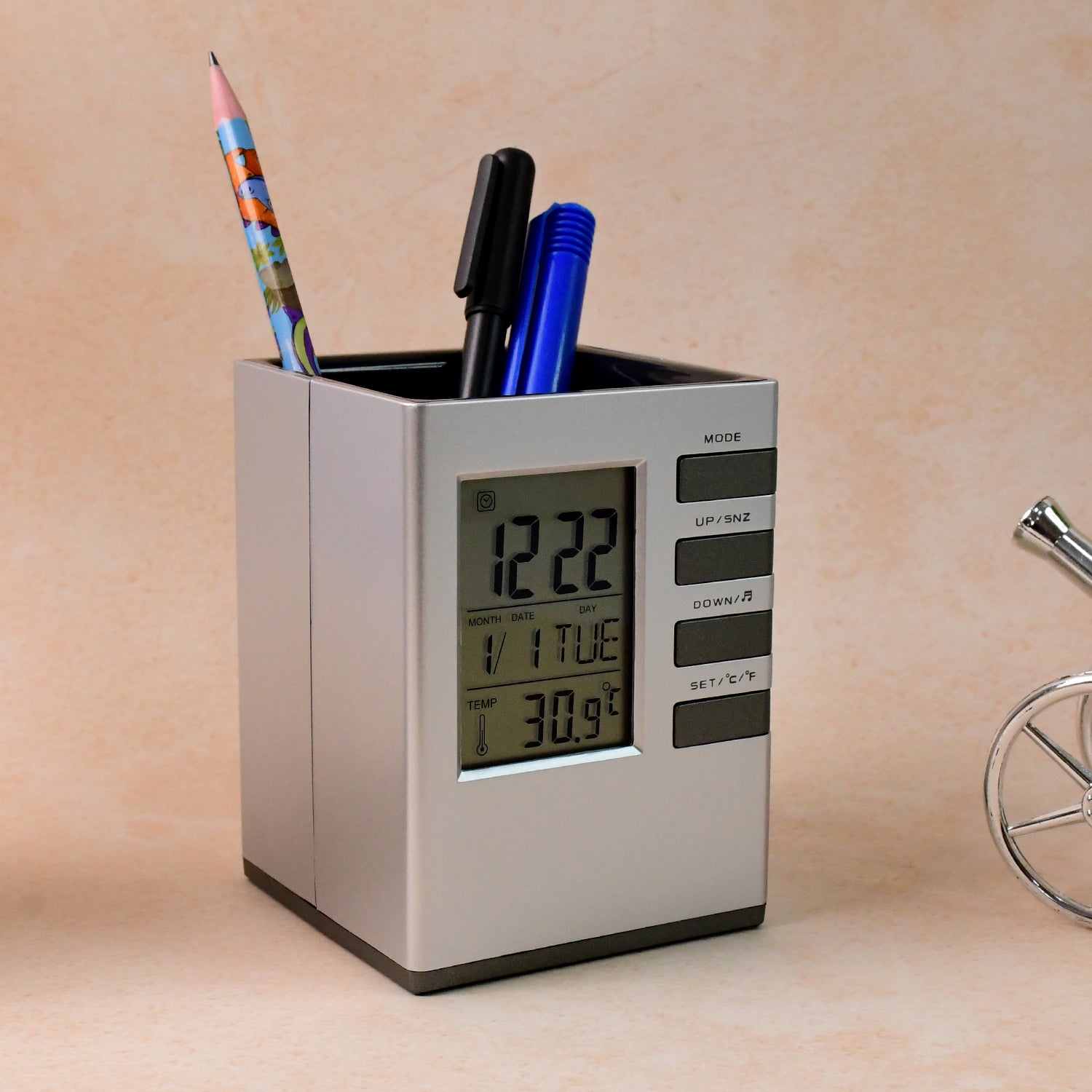 Multifunction Digital Desk Clock with Pen Holder – Cube Design