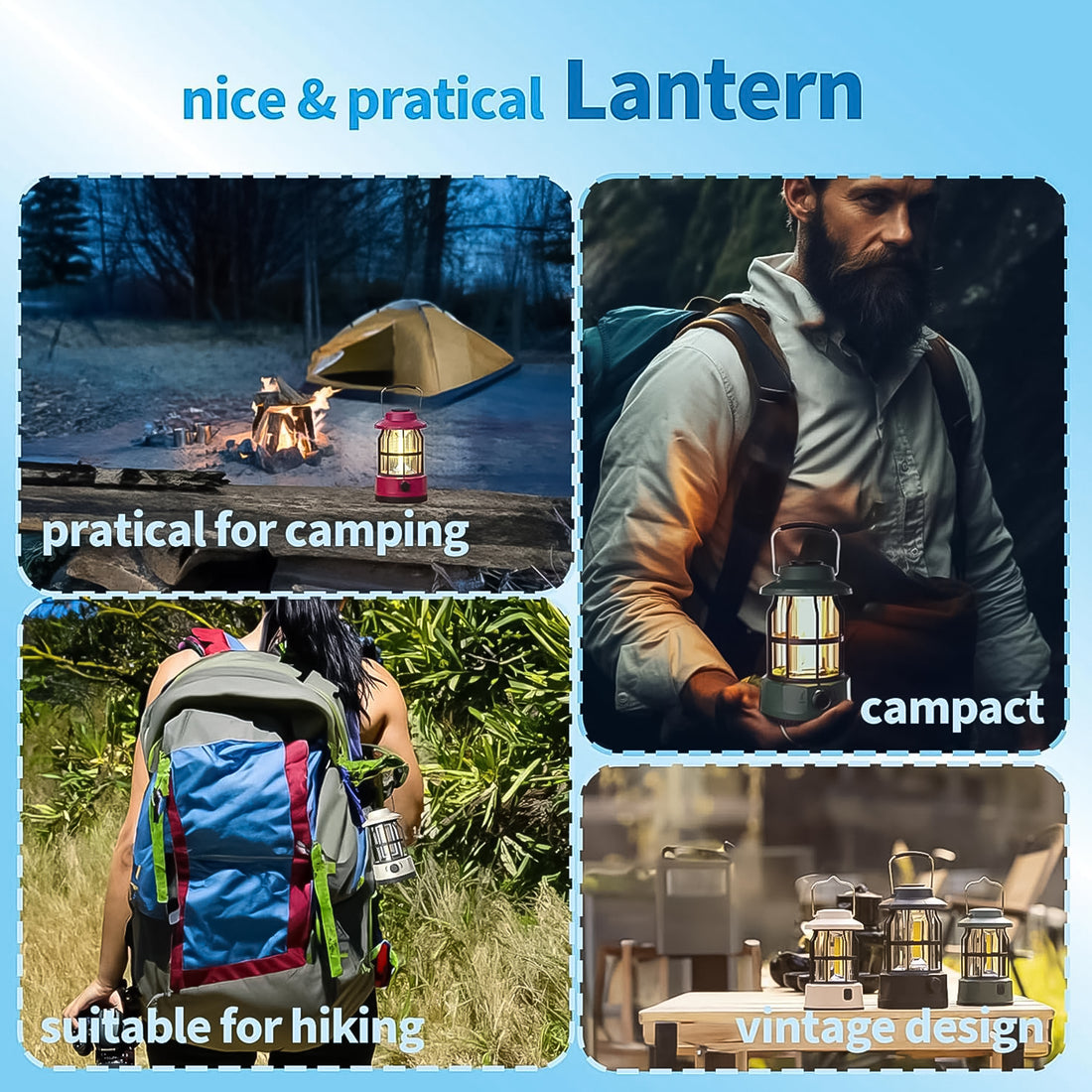 LED Camping Light – Retro Style, Type-C Rechargeable, Battery Powered (1 Pc)