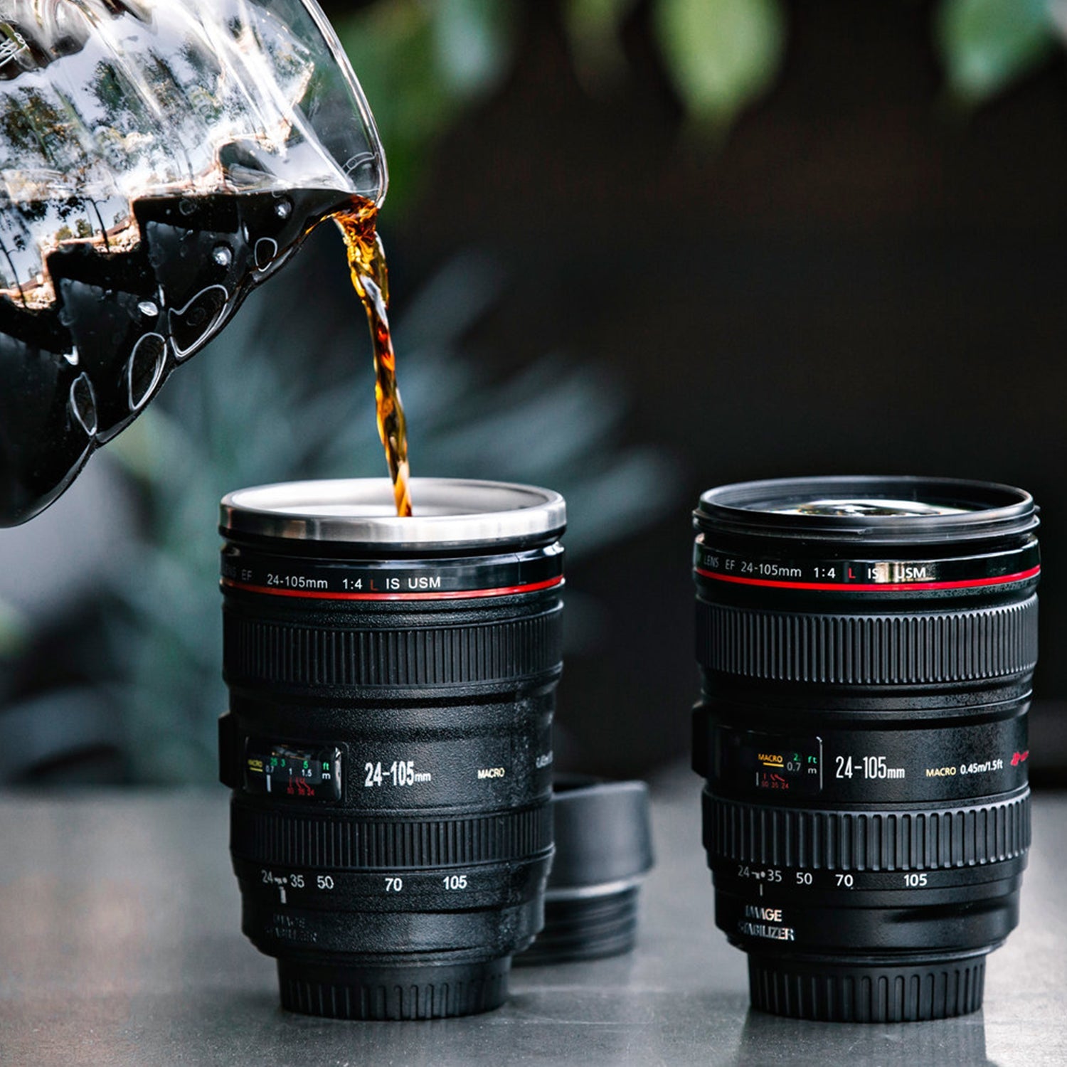 Stainless Steel Coffee Mug with Plastic Camera Lens Design