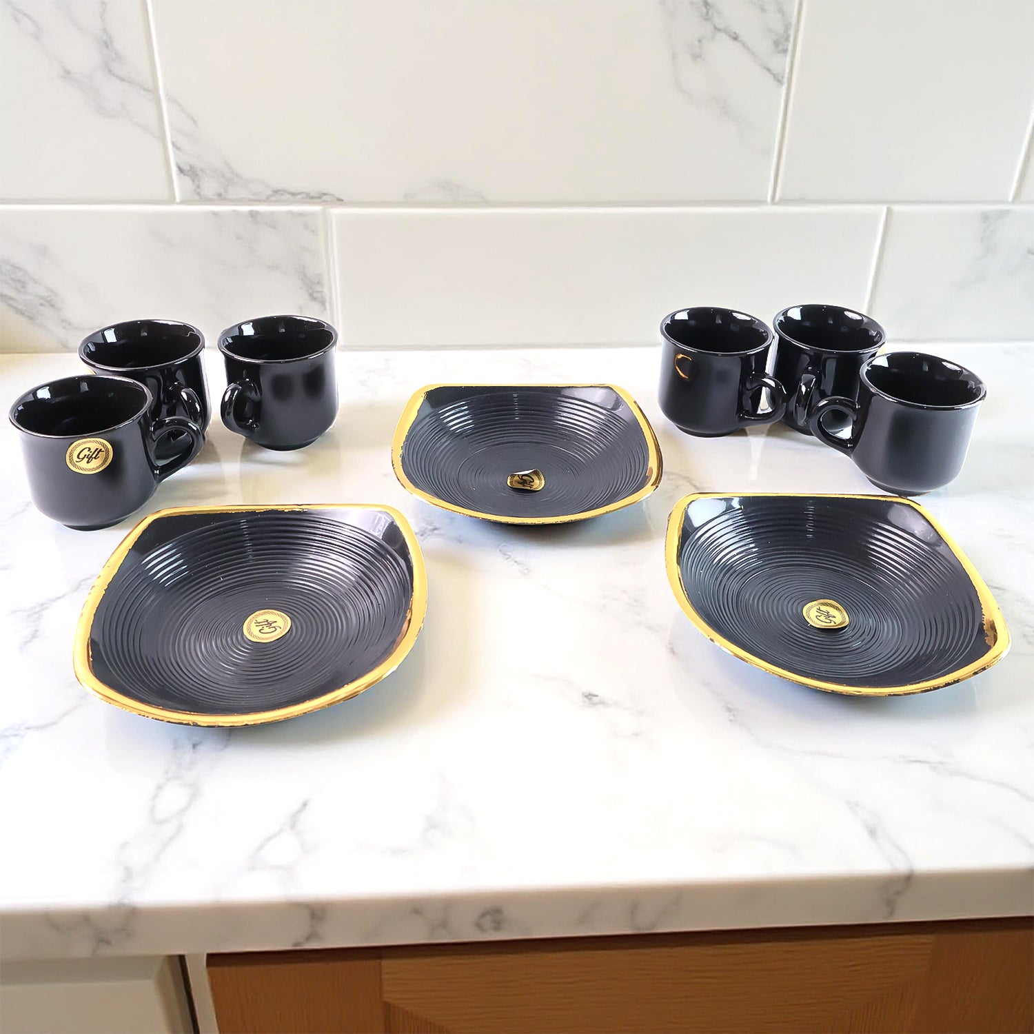 Sweet Buzz Ceramic Tea & Coffee Mug Set with Seashell Bowl – 9 Pcs, Ideal Gift