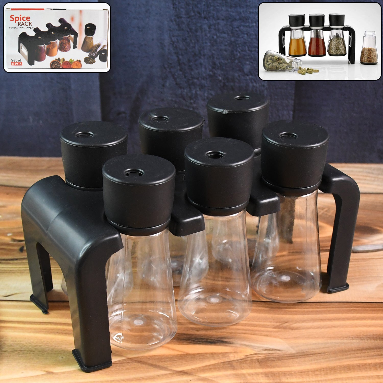 6-Piece Plastic Spice Jar Set with Stand – Kitchen Organizer
