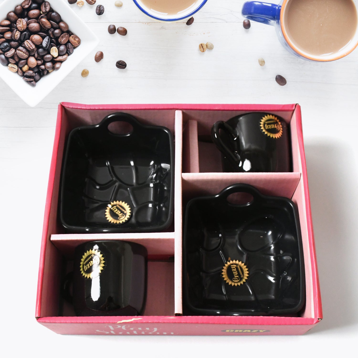 Play Station Ceramic Tea & Coffee Mug Set with Handle & Bowl – 4 Pcs