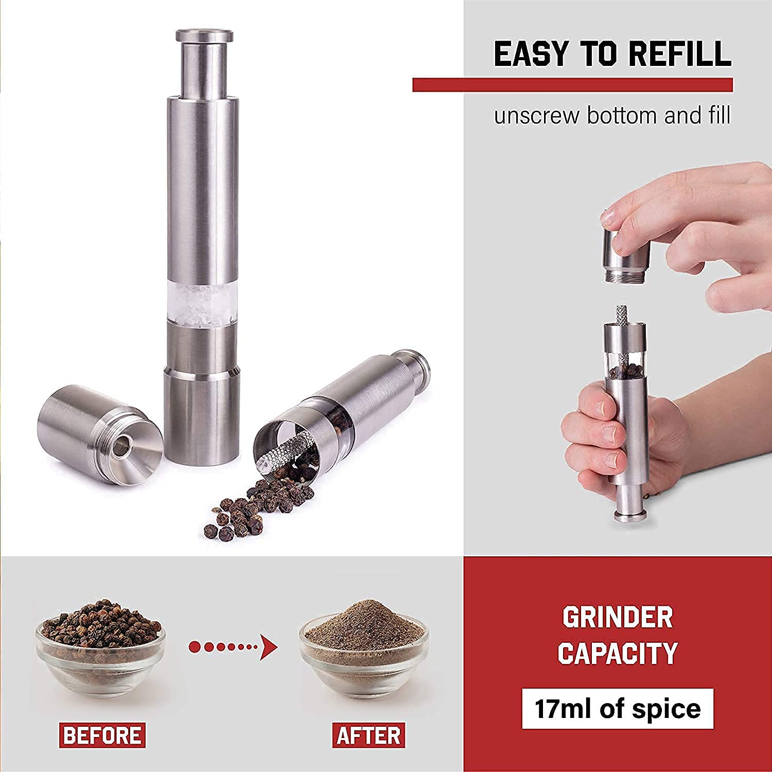 Stainless Steel Thumb Presser Salt & Pepper Grinder – Single Piece