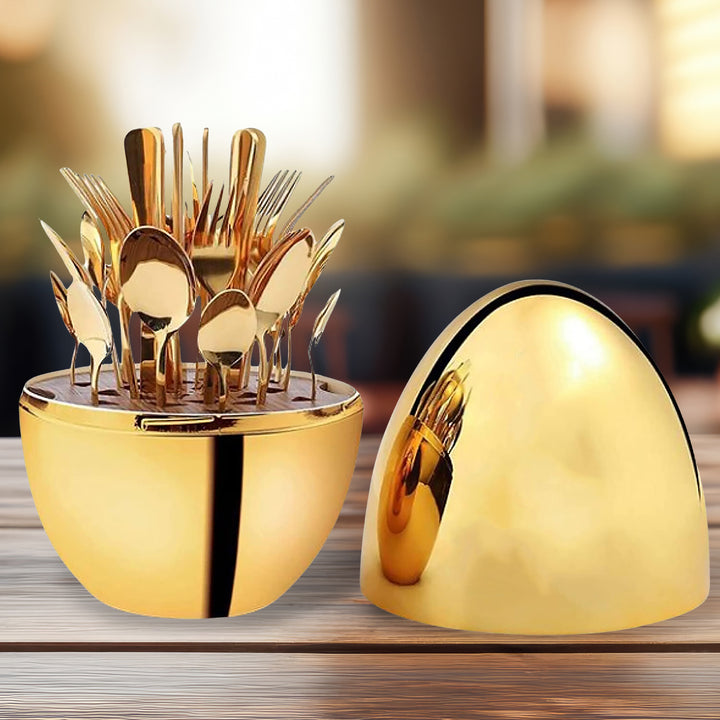 Premium 24 Pcs Cutlery Set with Oval Stand – Golden Luxury Set