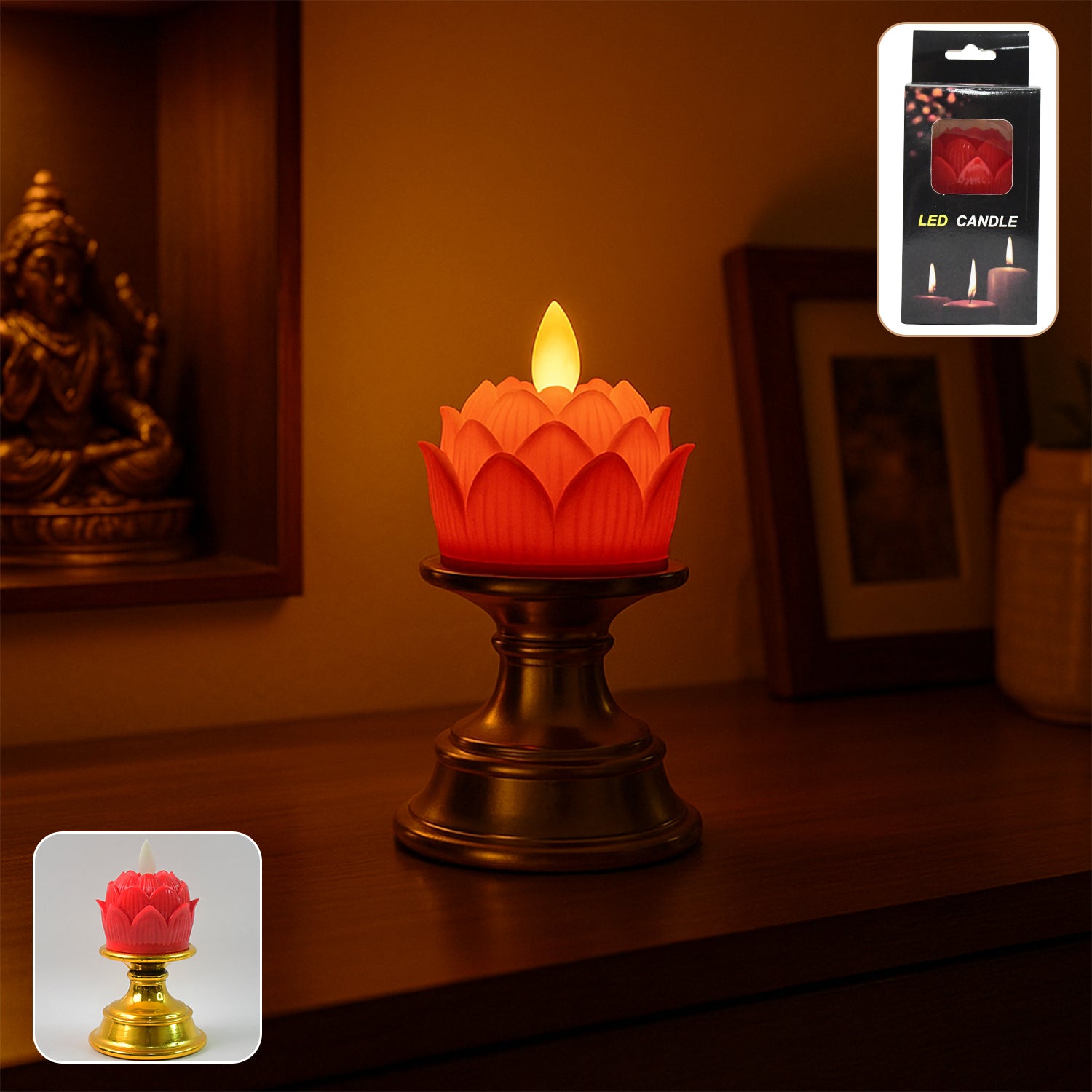 Premium Lotus LED Flameless Candle with Decorative Holder (1 Pc)