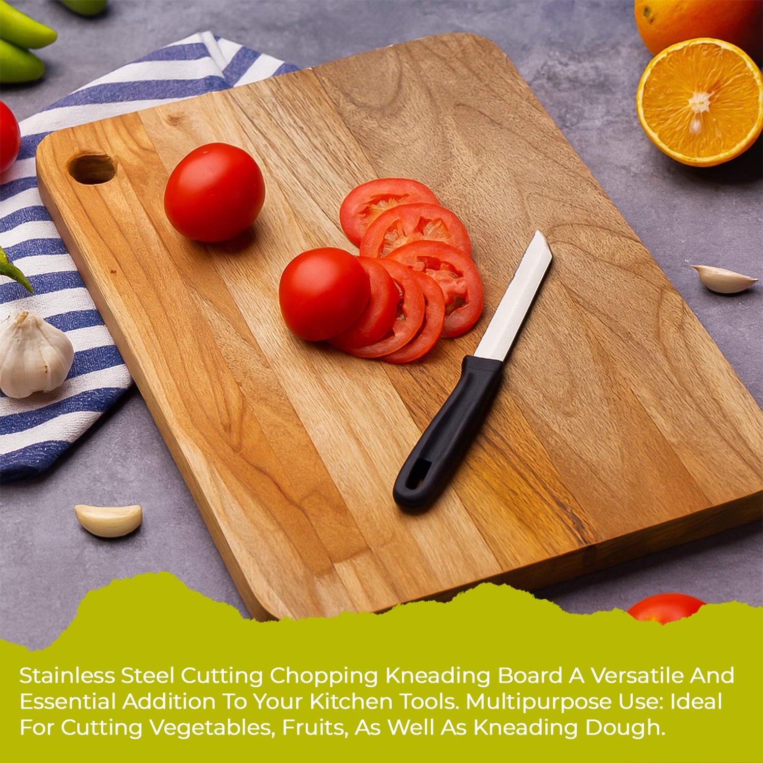 Apex Steel Oak Cutting Board with Wooden Handle – Medium Size (1 Pc)
