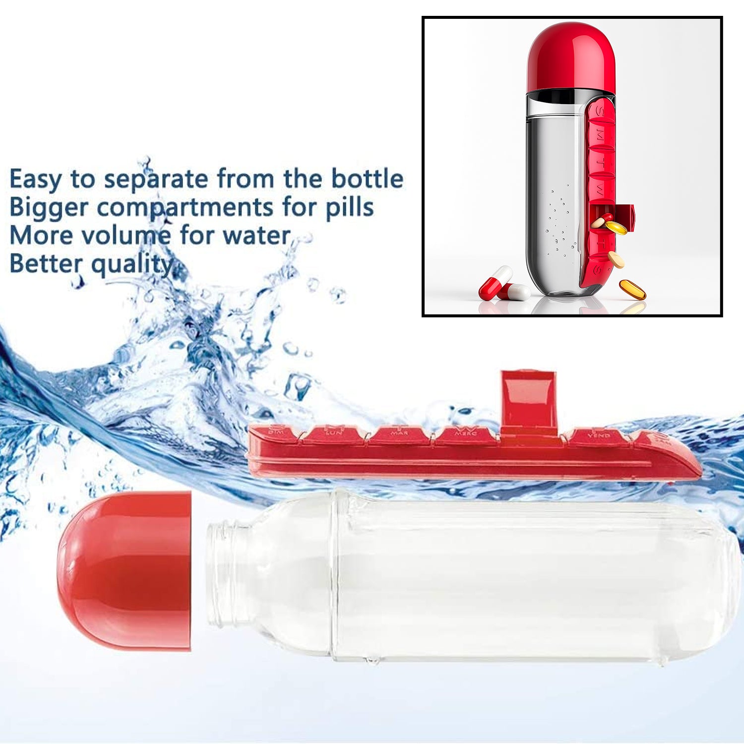 Water Bottle with 7-Day Pill Organizer – 900ml (1 Pc)