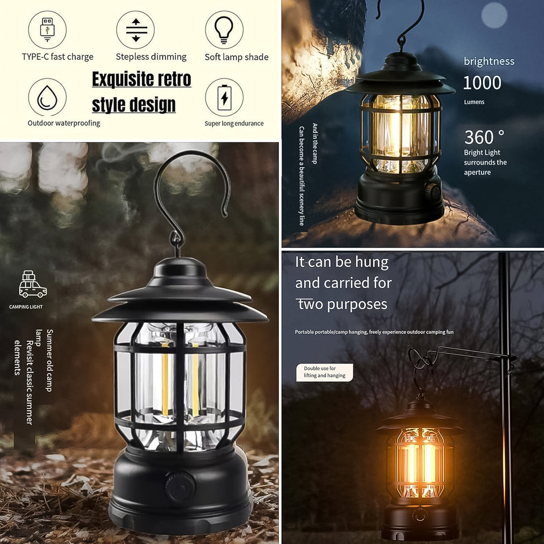 LED Camping Light – Retro Style, Type-C Rechargeable, Battery Powered (1 Pc)