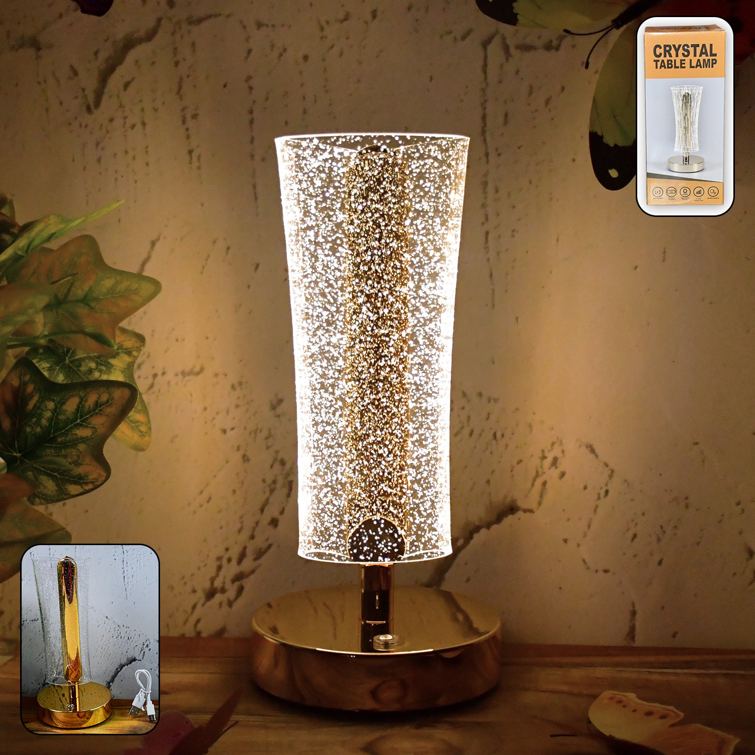Crystal LED Table Lamp – Sparkle Design with Golden Base, Bedside Decor