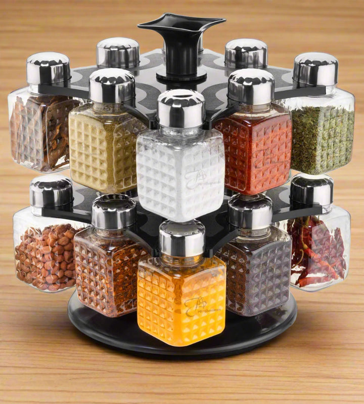 360° Revolving Spice Rack with 16 Square Bottles – Modern Design