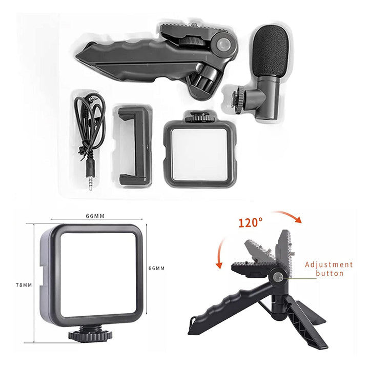 Vlogging Kit for Videos – Mic, Tripod, LED Light & Phone Holder