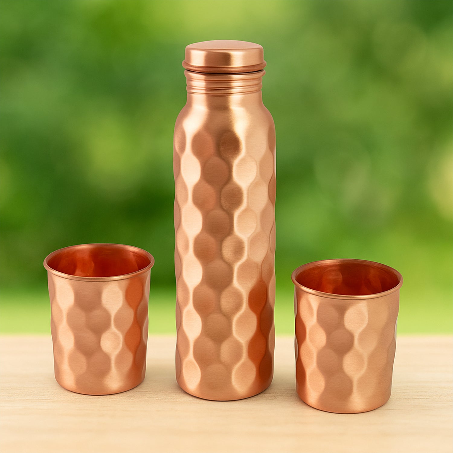 Diamond Cut Copper Water Bottle Set with 2 Glasses & Gift Box (3 pcs)