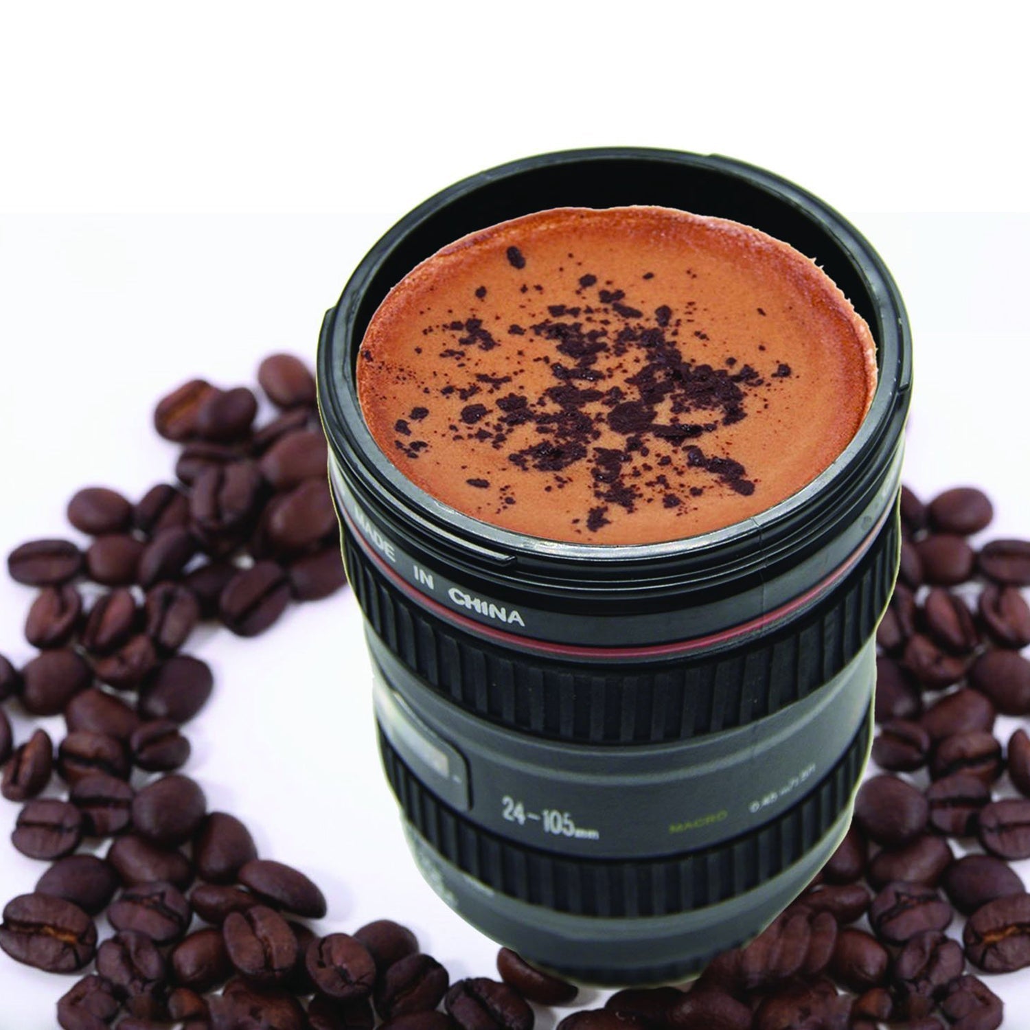 Stainless Steel Coffee Mug with Plastic Camera Lens Design