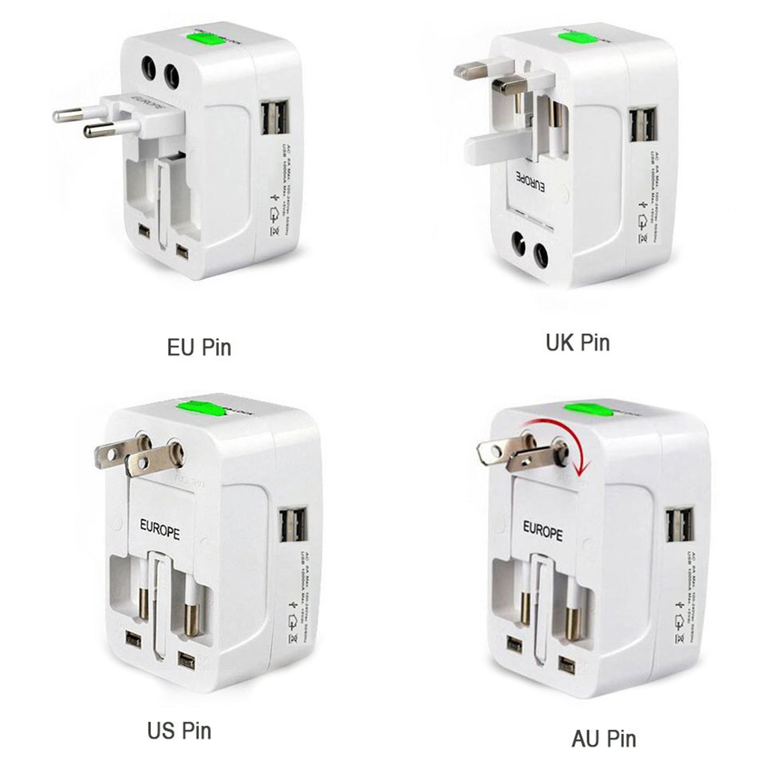 All-in-One Universal Travel Adapter – AU, UK, US, EU with USB