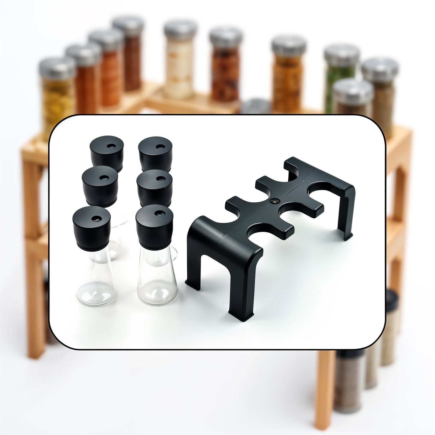 6-Piece Plastic Spice Jar Set with Stand – Kitchen Organizer