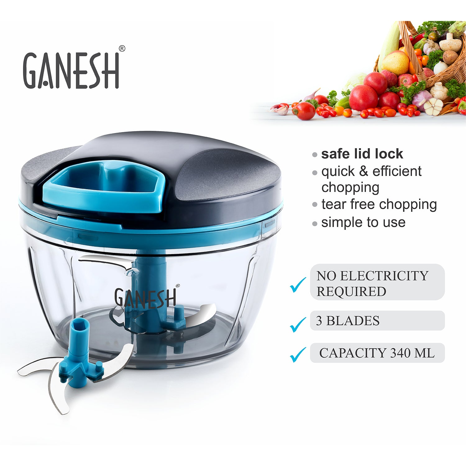 Ganesh Wonder Chopper – 470ml Grey, Efficient Food Chopping Tool
