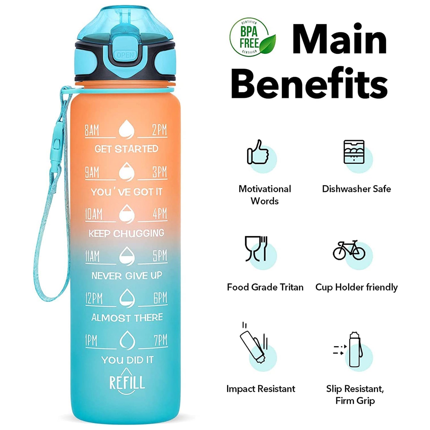 Motivational Water Bottle with Straw & Time Marker – BPA-Free