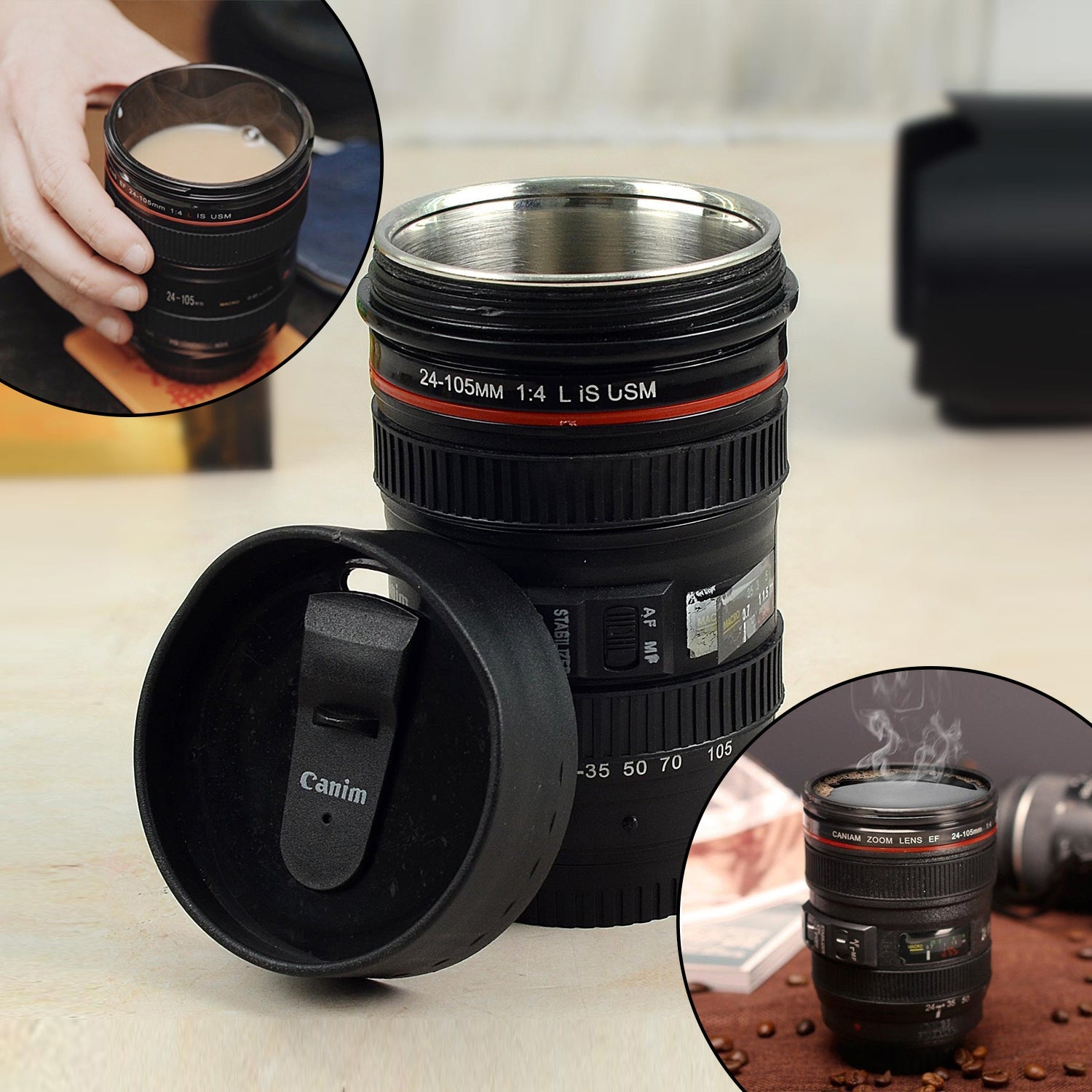 Stainless Steel Coffee Mug with Plastic Camera Lens Design