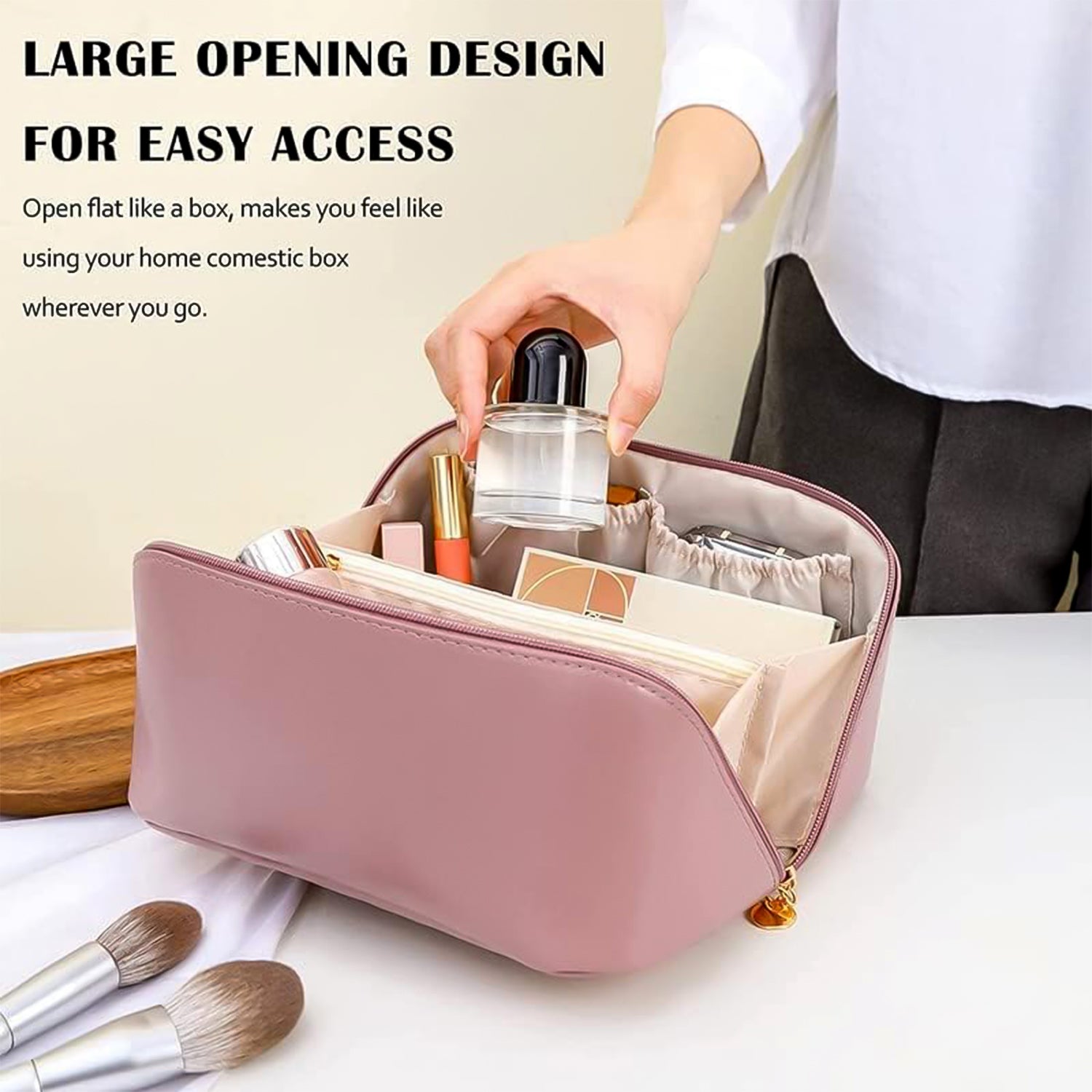 Premium Peach Travel Makeup Toiletry Organizer Pouch with Zipper Handle