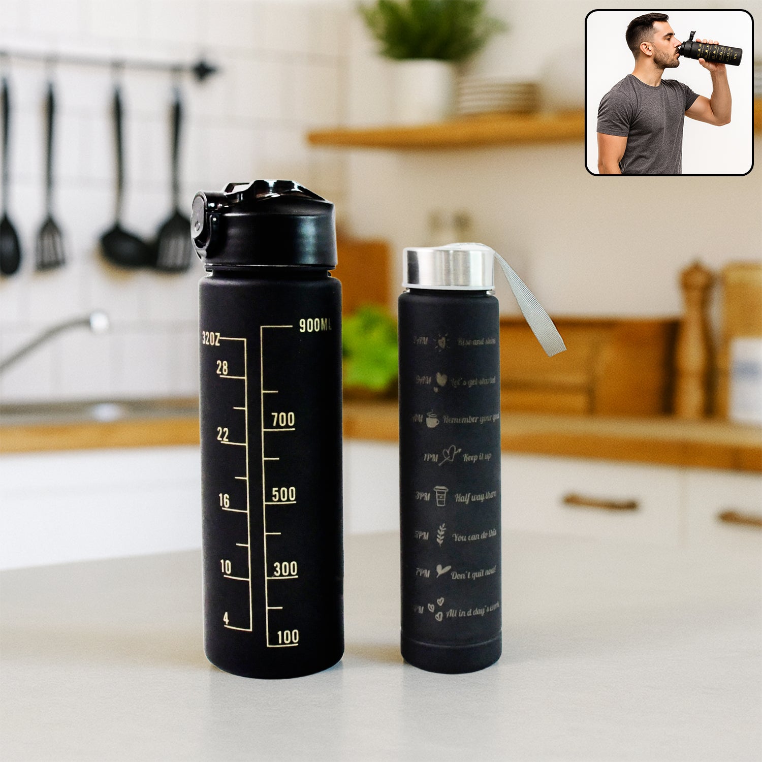 2 Pc Premium Black Motivational Water Bottle Set 900ml and 300ml