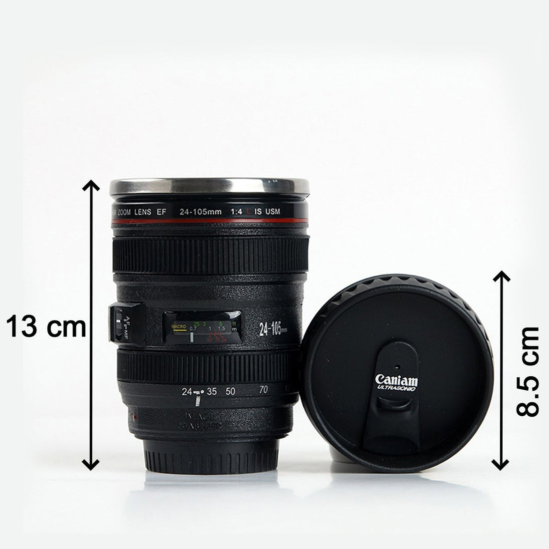 Stainless Steel Coffee Mug with Plastic Camera Lens Design