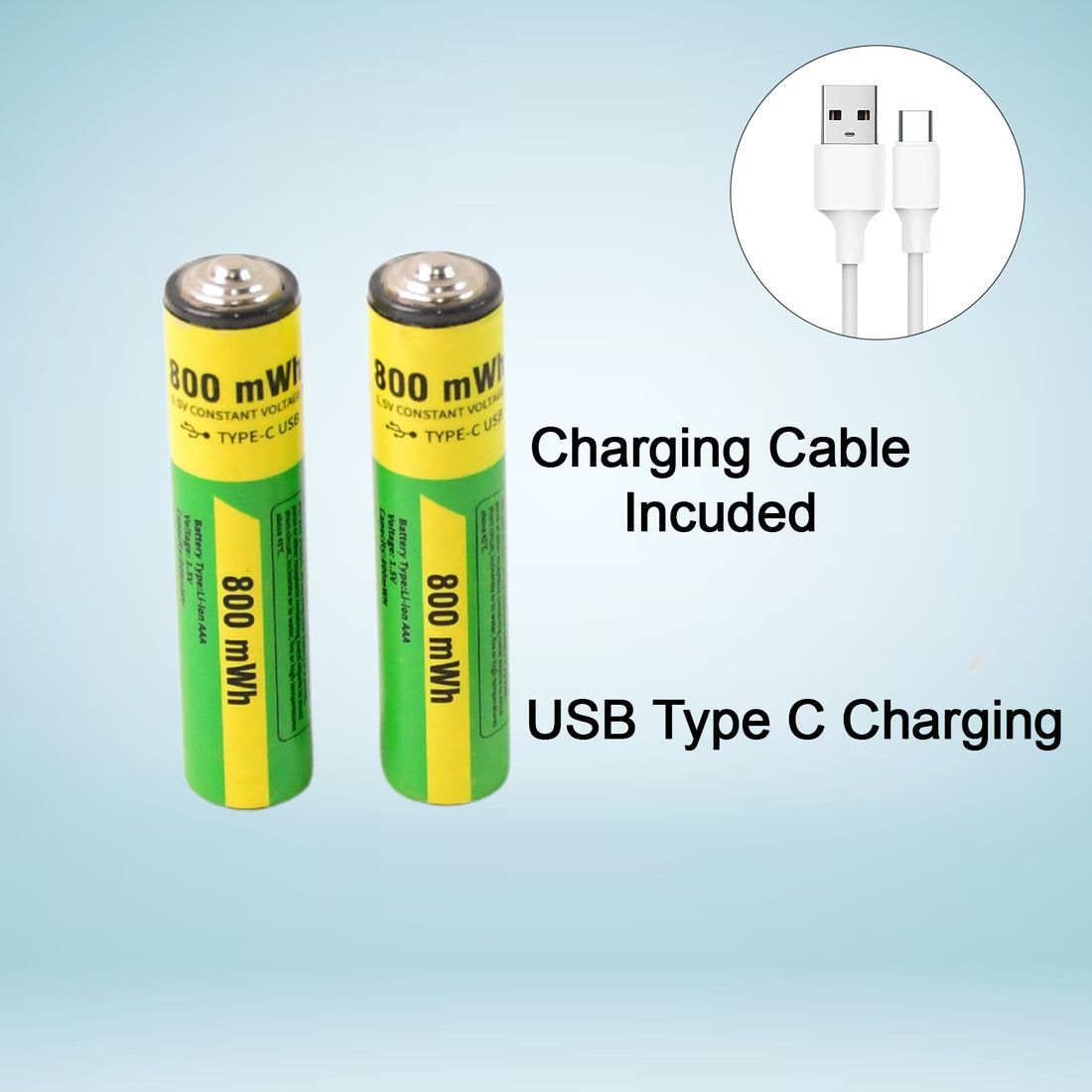 AAA Rechargeable 800mWh Batteries with Charging Cable – 2 Pc Set